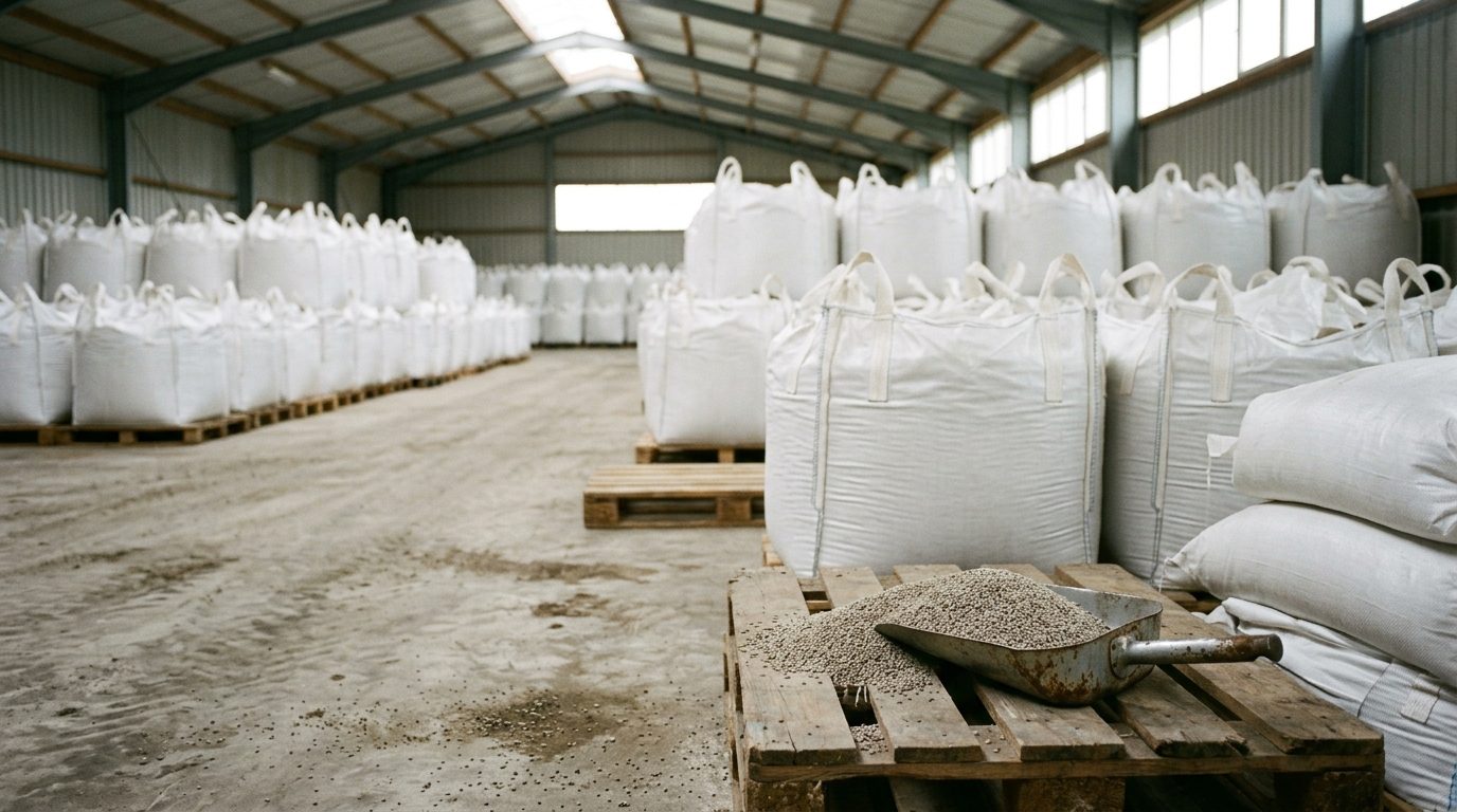 Big bags of granular fertilizer on pallets in a warehouse