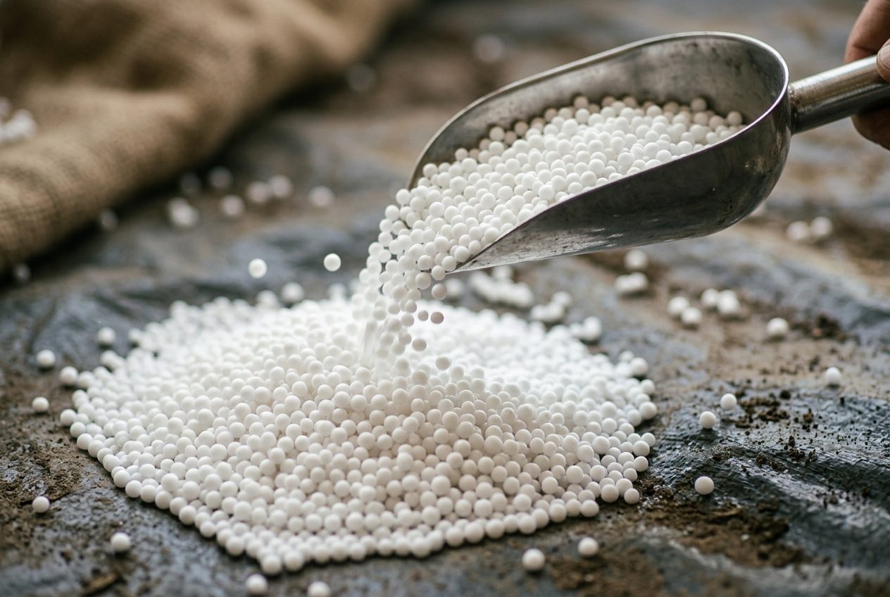 Nitrogen fertilizer granules close-up