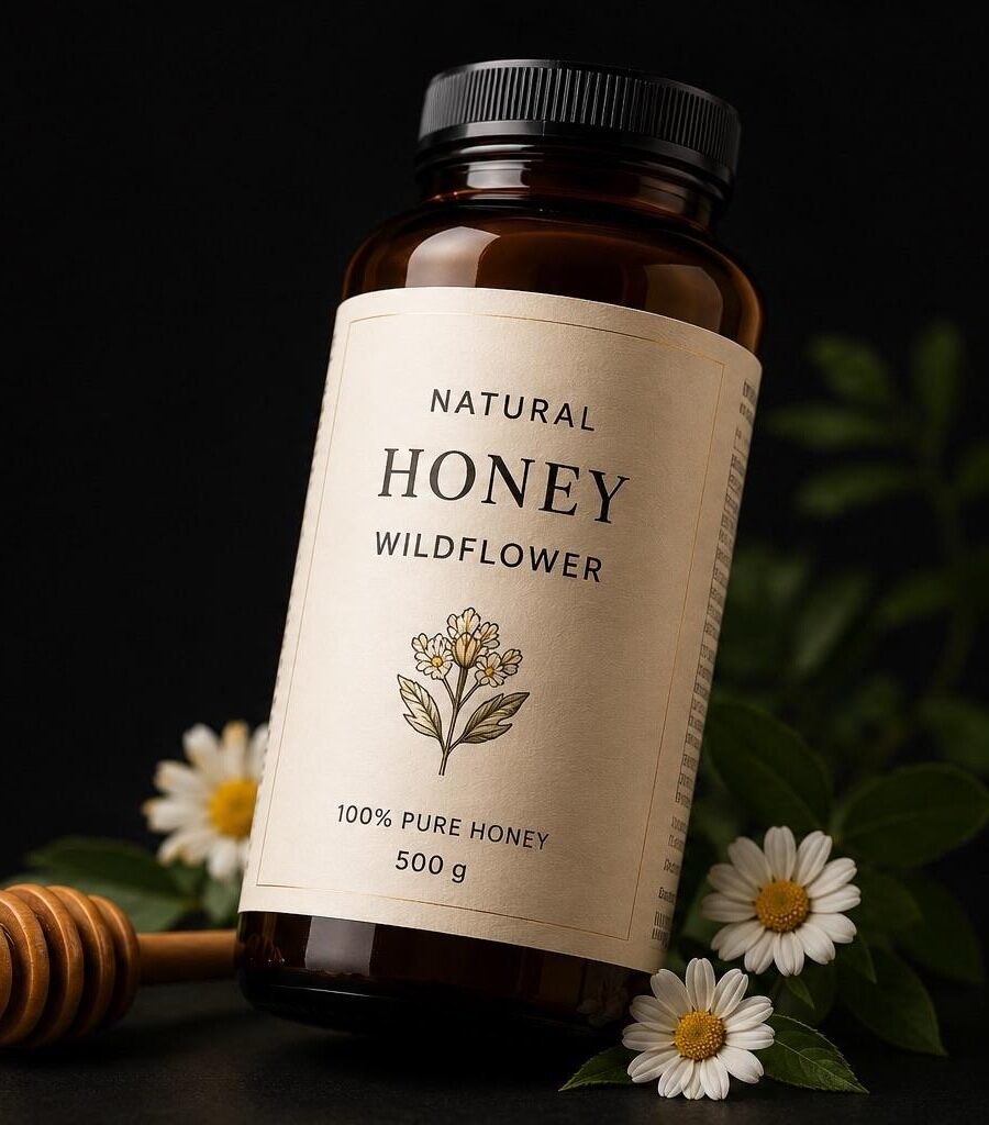 Premium printed label on a honey jar