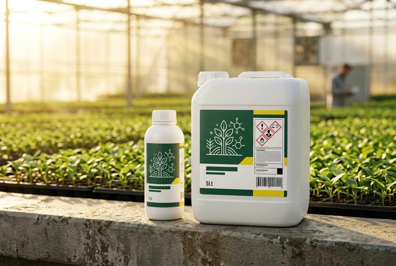 Agrochemical jerrycan and bottle with weatherproof labels in a greenhouse