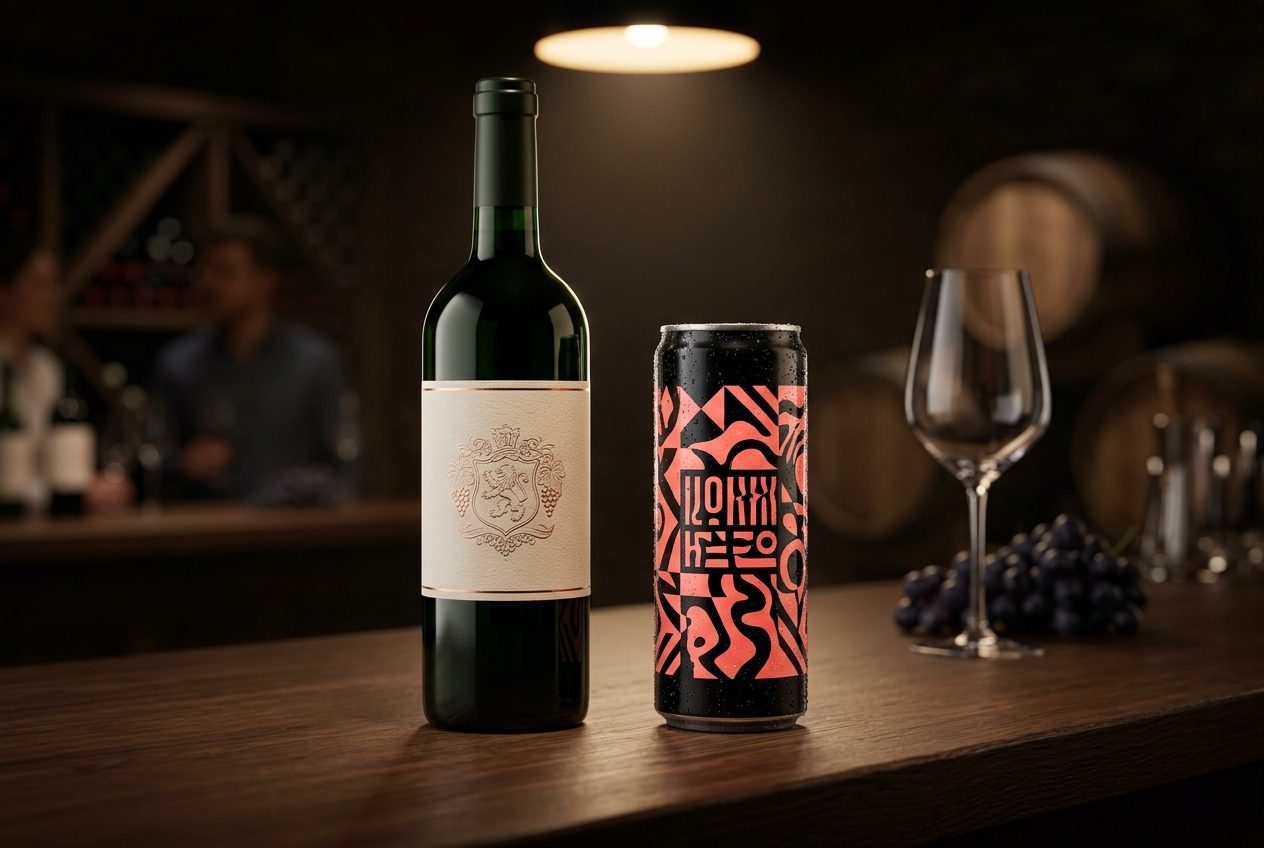 Wine bottle with textured paper label and craft soda can in a dark cellar