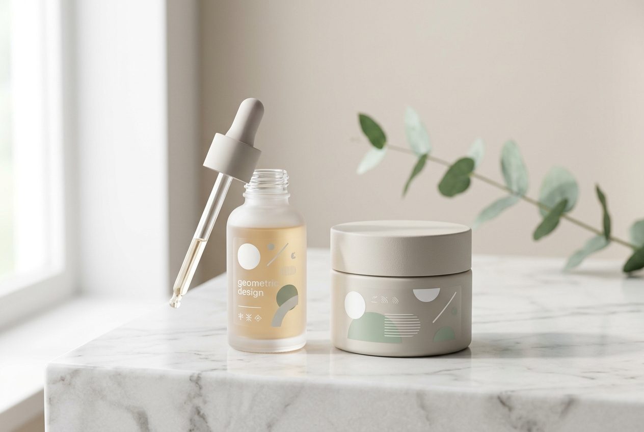 Frosted serum bottle and cream jar with clear no-label-look film labels on marble