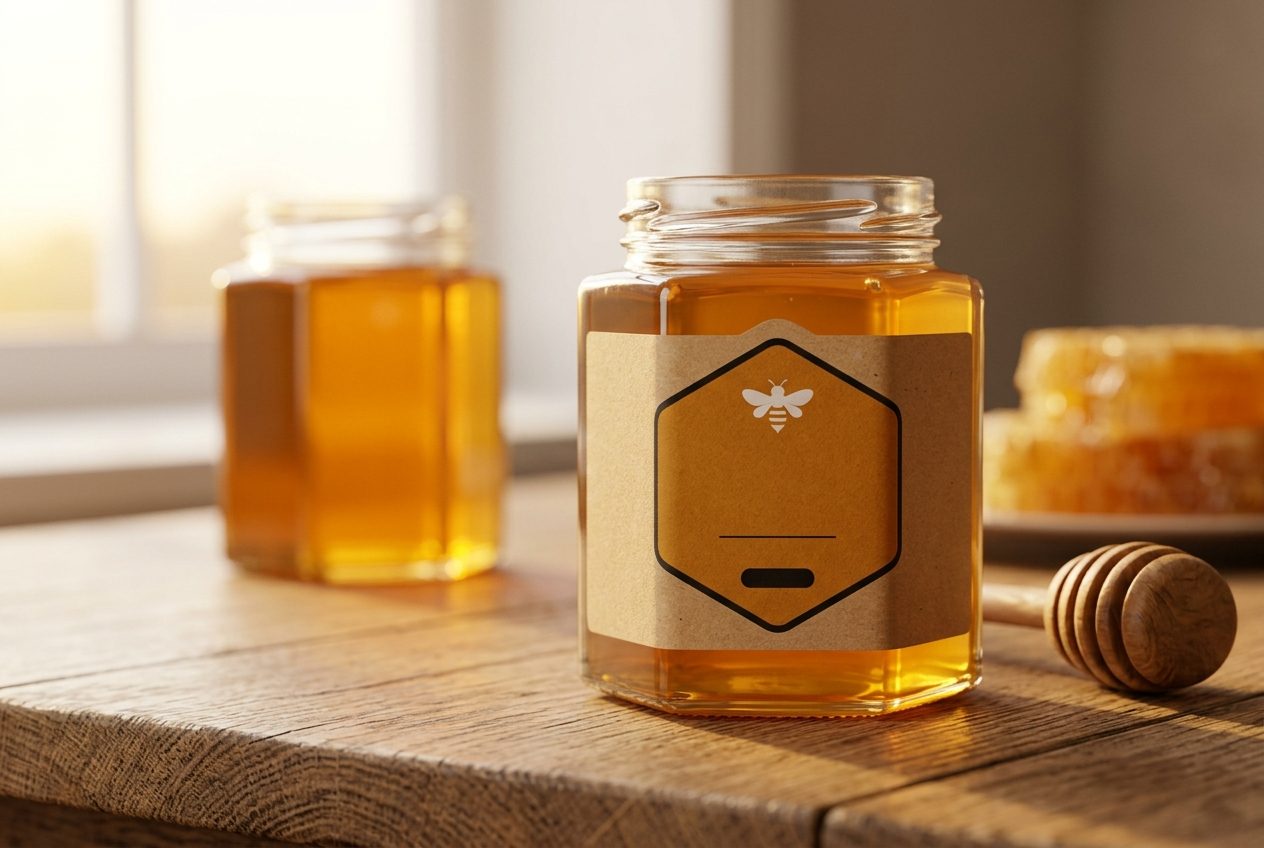 Artisan honey jar with kraft-paper label on an oak table