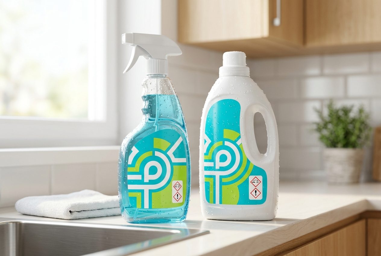 Cleaning spray bottle and detergent with durable water-resistant labels in a kitchen