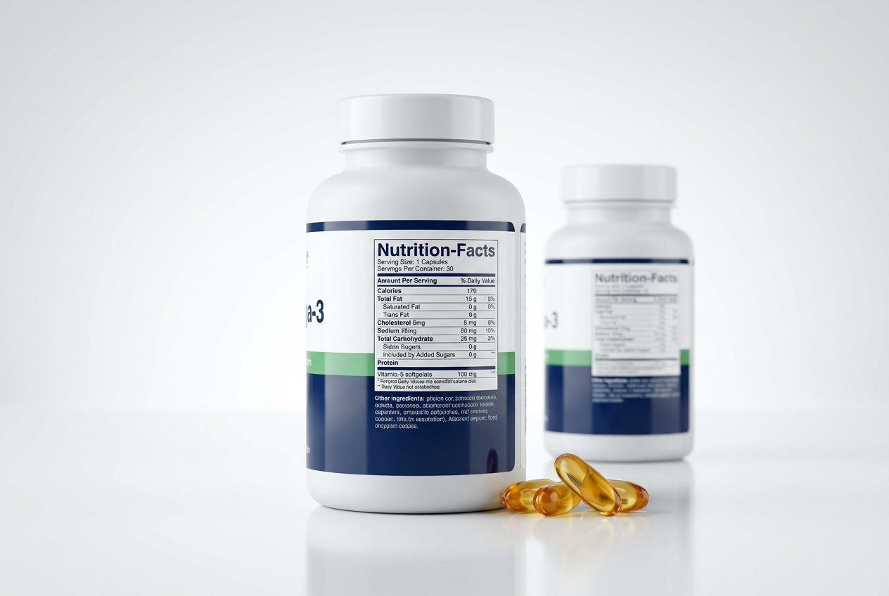 White supplement bottle with glossy label and softgel capsules