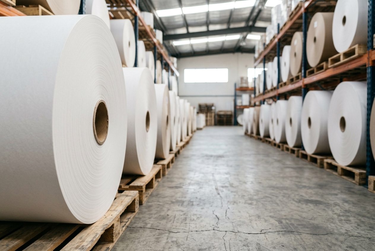 Reels of coated cartonboard on pallets