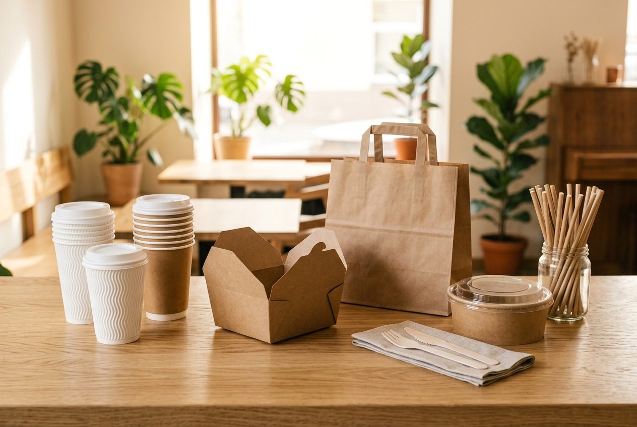 Assortment of paper cups, kraft boxes, bags and wooden cutlery on a café counter