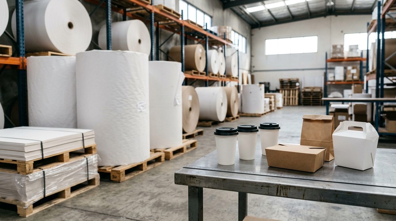 Cartonboard reels and sheets in a warehouse with finished paper cups, boxes and bags