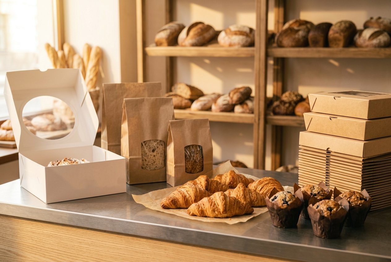 Bakery counter with cake box, kraft bread bags, croissants and muffins
