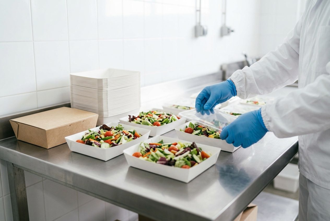 Gloved hands lidding paperboard trays of fresh salad in a packing room
