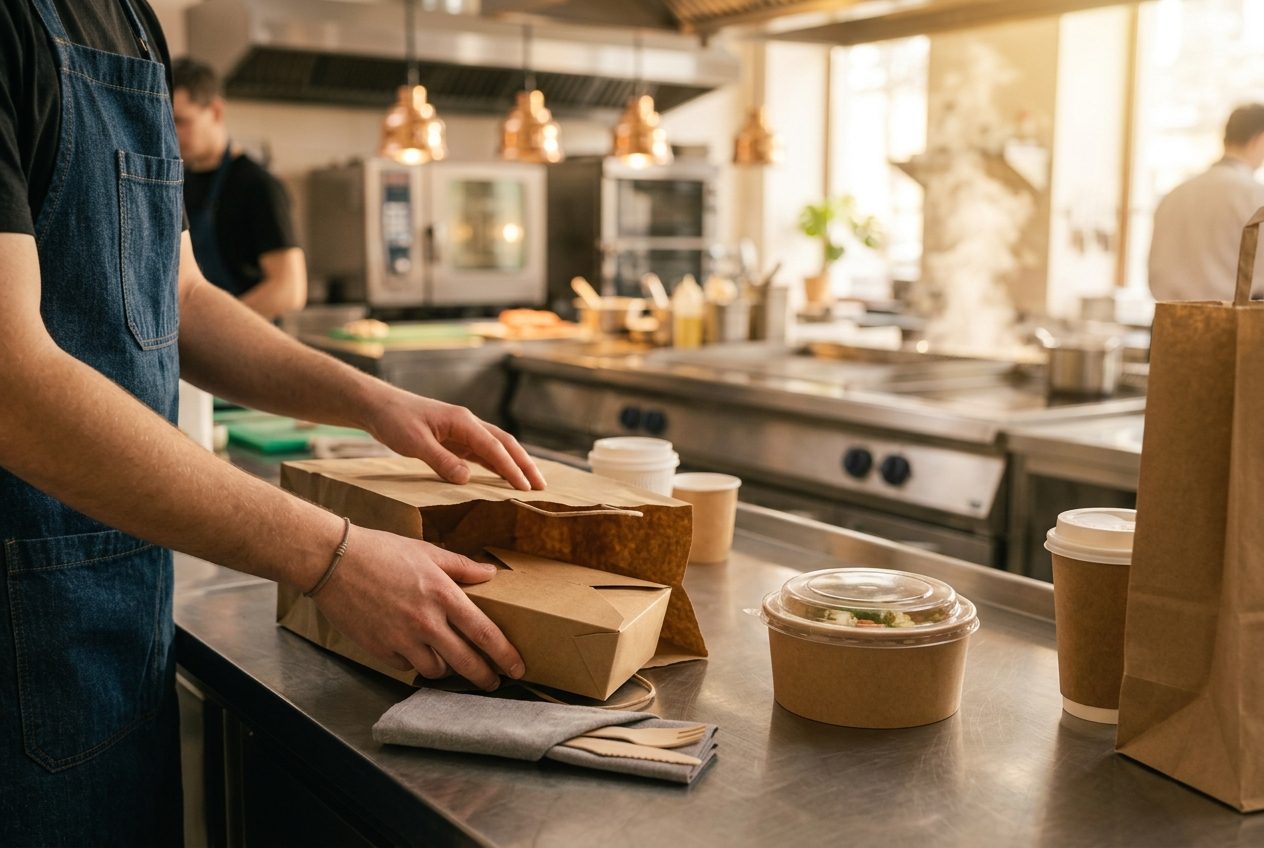 Cook packing a take-away order into kraft boxes and a paper bag